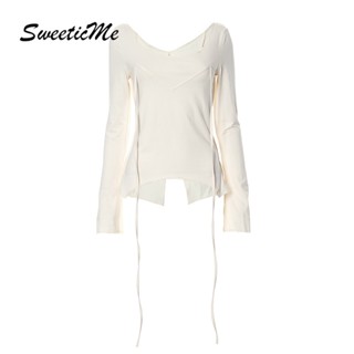 Sweeticme ใหม่ เสื้อยืดลําลอง คอสี่เหลี่ยม แขนบาน สีพื้น แฟชั่นสําหรับสตรี 2023