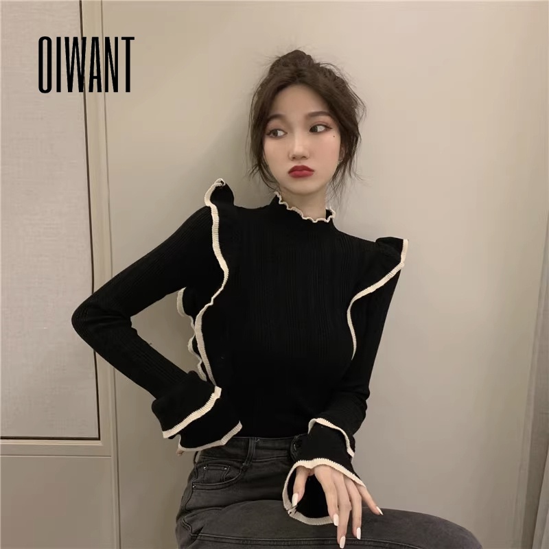 Oiwant เสื้อกันหนาวลําลอง แขนยาว คอสูง เข้ารูป สีพื้น เข้ากับทุกการแต่งกาย แฟชั่นสําหรับผู้หญิง 2023