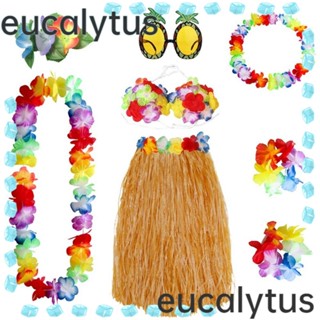 Eucalytus1 ชุดกระโปรงฮูลาฮูลา สไตล์ฮาวาย อุปกรณ์เสริม สําหรับตกแต่งปาร์ตี้ สร้อยคอ แว่นตา 8 ชิ้น ต่อชุด