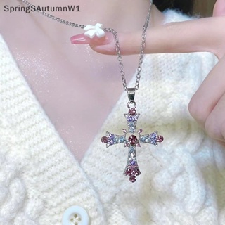 [SpringSAutumnW] สร้อยคอ จี้ไม้กางเขน ประดับเพทาย สีม่วง เครื่องประดับแฟชั่น สําหรับผู้หญิง [TH]