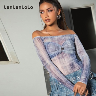 Lanlanlolo เสื้อท็อปลําลอง เปิดไหล่ ผ้าตาข่าย พิมพ์ลาย เซ็กซี่ เข้ากับทุกการแต่งกาย แฟชั่นสําหรับสตรี 2023