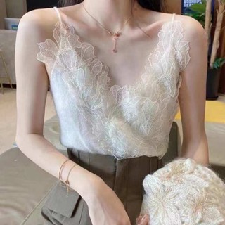 เสื้อสายเดียวลูกไม้ สายเดี่ยวลูกไม้สาวอวบ สายเดี่ยวสถานียุโรปผู้หญิง2023ฤดูร้อนใหม่สินค้ายุโรปผู้หญิงอินเทรนด์อุตสาหกรรมหนักเซ็กซี่ลูกไม้เย็บเสื้อถักสามารถสวมใส่ออกไปข้างนอก