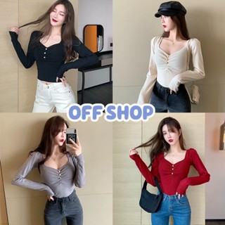 OFF SHOP พร้อมส่ง (OFF-63059) เสื้อแขนยาวคอวี ตกแต่งกระดุม 3เม็ด -C