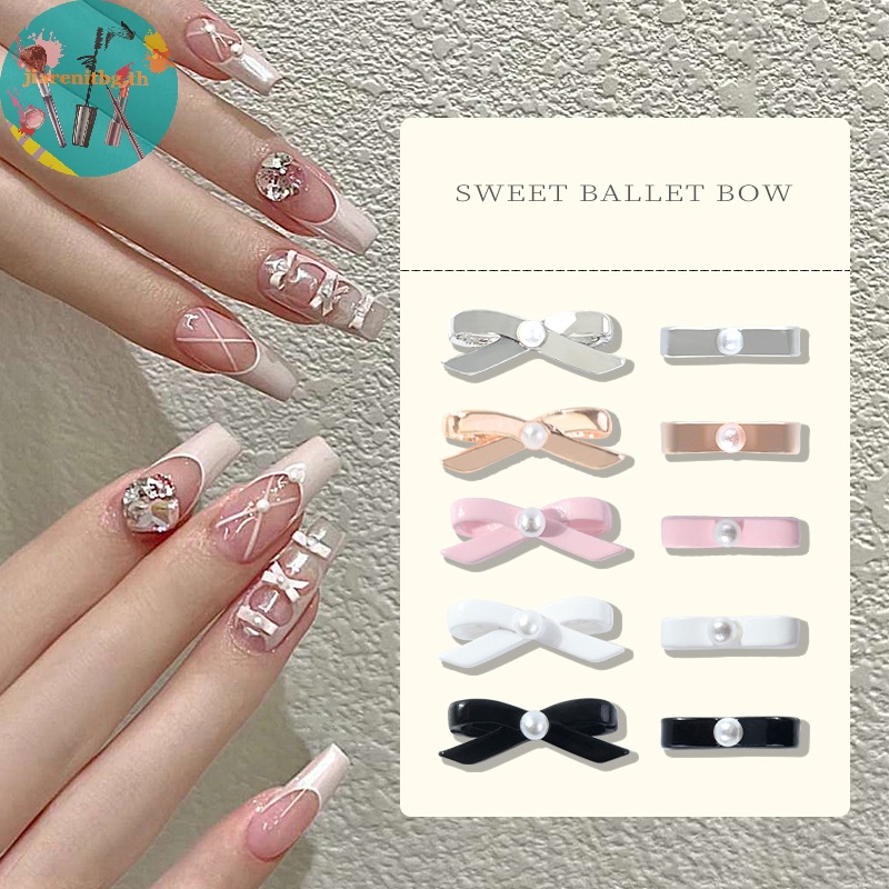 RENBG 10 ชิ้นบัลเล่ต์เต้นรํารองเท้าเล็บ Bowknot Ch 3D โลหะผสมผ้าไหมริบบิ้นสีชมพูสาว Bows ตกแต่งเล็บเล็บอุปกรณ์เสริม TH