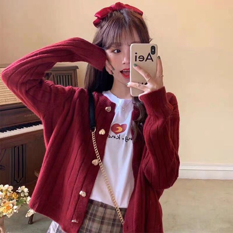 เสื้อไหมพรมสีแดงกันหนาวผู้หญิงปีใหม่ สไตล์เกาหลี หลวม เสื้อสเวตเตอร์ถักสีแดงสั้น สำหรับฤดูหนาว