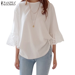 Zanzea เสื้อยืด คอกลม แขน 3/4 ผ้าถัก ลูกไม้ สไตล์เกาหลี สําหรับผู้หญิง