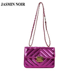 Jasmin NOIR กระเป๋าสะพายไหล่ หนัง PU ลายทาง แต่งสายโซ่ล็อก ขนาดเล็ก สําหรับผู้หญิง