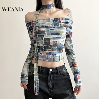 Weania เสื้อยืด แขนยาว เปิดไหล่ พิมพ์ลายหนังสือพิมพ์ แนวสตรีท เข้ารูป สําหรับผู้หญิง