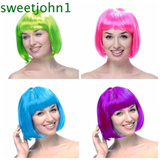 Sweetjohn วิกผมบ๊อบสั้น ตรง ระบายอากาศ สีชมพู สีฟ้า เหมาะกับงานปาร์ตี้คริสต์มาส สําหรับผู้หญิง