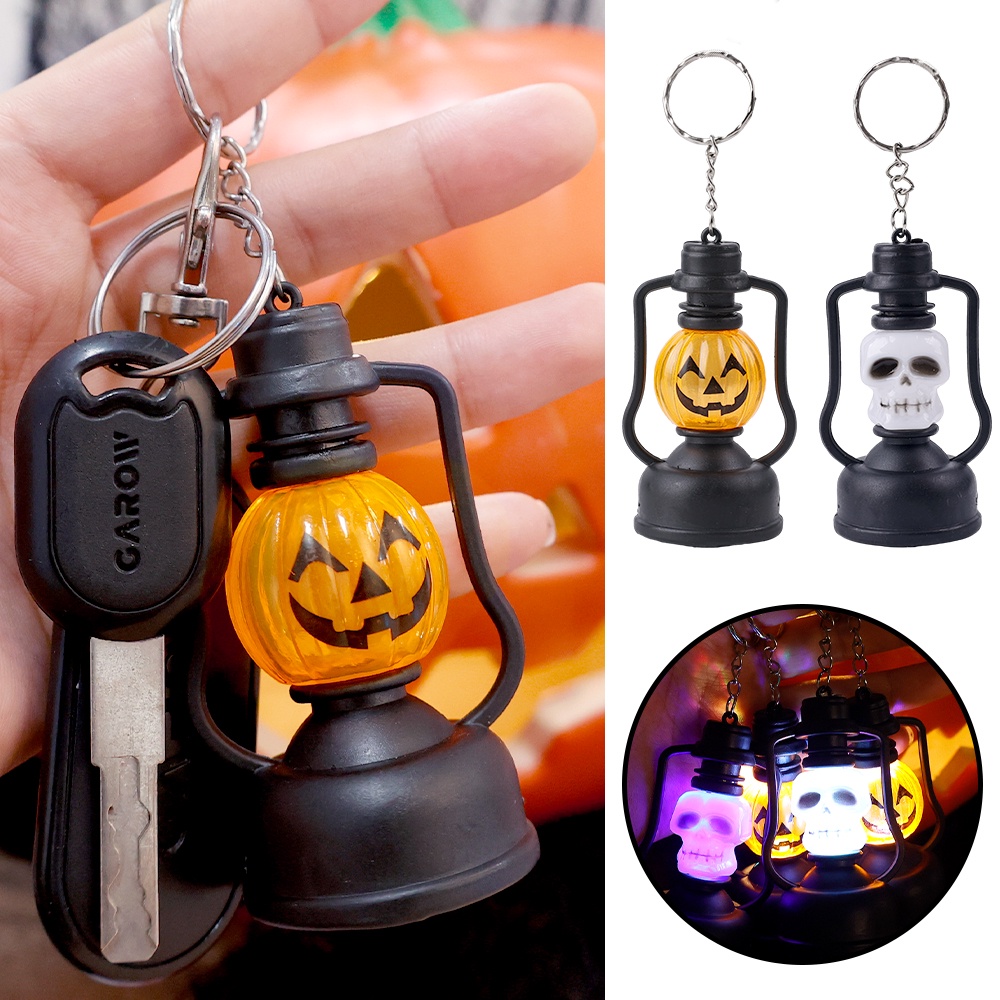 เครื่องประดับแขวนเรืองแสงสีสันสดใสสร้างสรรค์-แหวนกุญแจไฟกลางคืนขนาดเล็ก-พวงกุญแจโคมไฟฟักทองโครงกระดูกฮาโลวีนวินเทจ