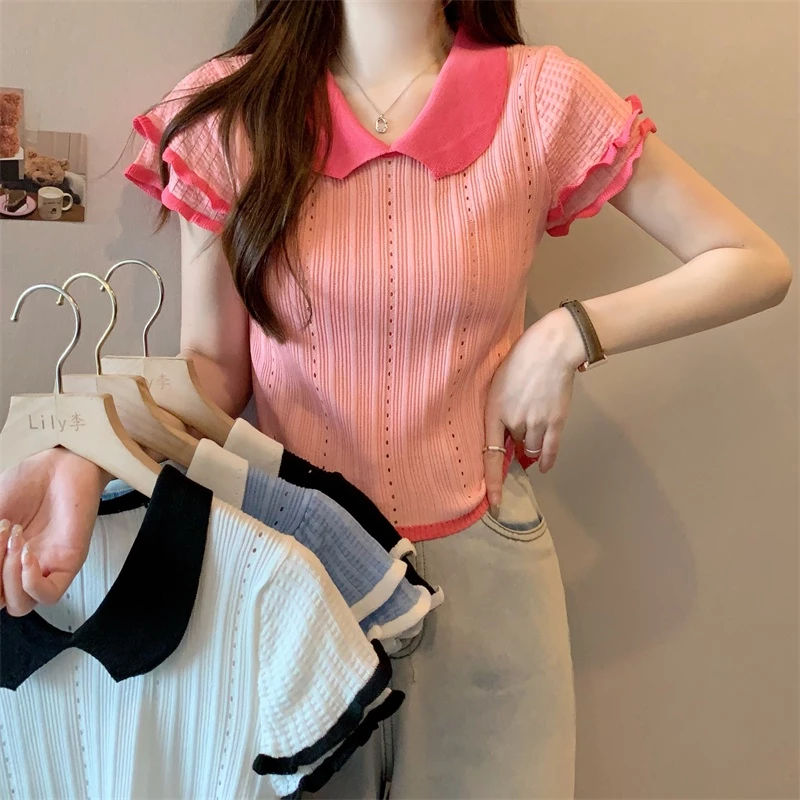 💖Dahong 💖 เสื้อไหมพรม แขนสั้น คอเสื้อโปโล แต่งลายน่ารัก สำหรับผู้หญิง น่ารักมี4สี X018