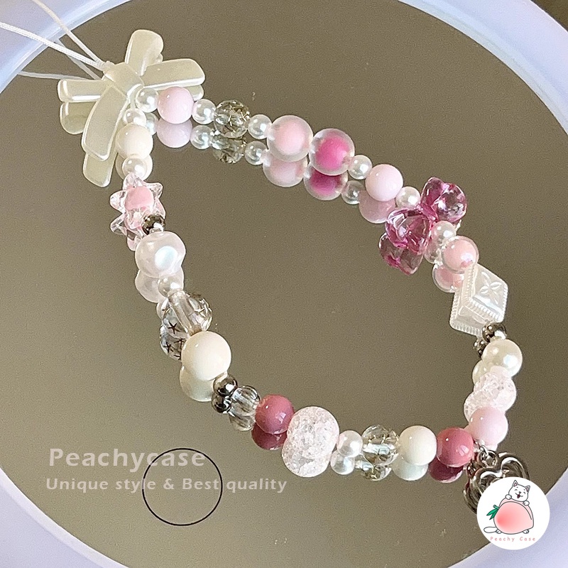 สายโซ่คล้องโทรศัพท์มือถือ สร้อยข้อมือ จี้โบว์ ดาว ดินโพลิเมอร์ แฮนด์เมด สีชมพู - รูปที่ 2