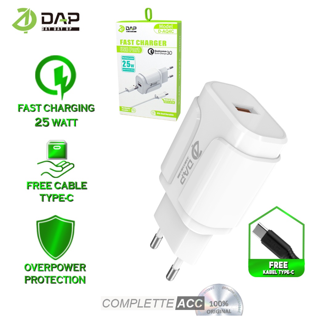 DAP - PD 25Watt อะแดปเตอร์ชาร์จรวมสายเคเบิลข้อมูล USB เป็น Type C 3.0A หัวชาร์จแบบชาร์จเร็ว D-AQ4C ร