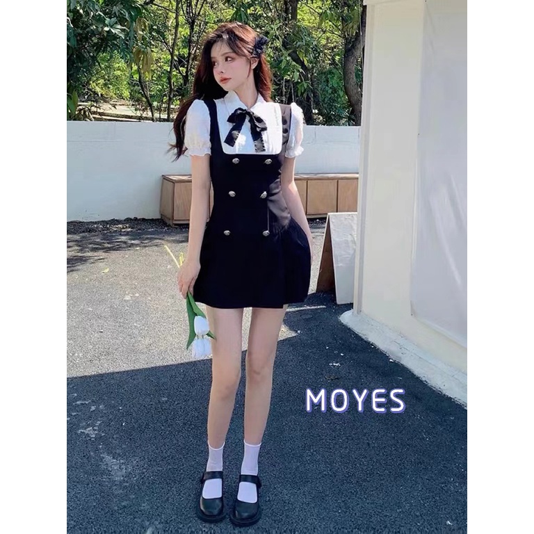 MOYES💗ชุดเดรสสั้นแขนพัฟฝรั่งเศสปลอมสองชิ้นชุดฤดูร้อนของผู้หญิงกระโปรงทรงเอฤดูร้อน