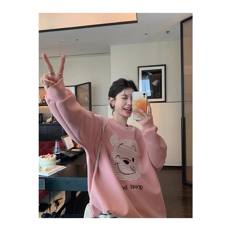 เสื้อกันหนาวแขนยาวลําลอง คอกลม ผ้ากํามะหยี่ แบบหนา พิมพ์ลาย 3 มิติ ทรงหลวม สีชมพู สําหรับเด็กผู้ชาย และผู้หญิง ไซซ์ 3XL 2023