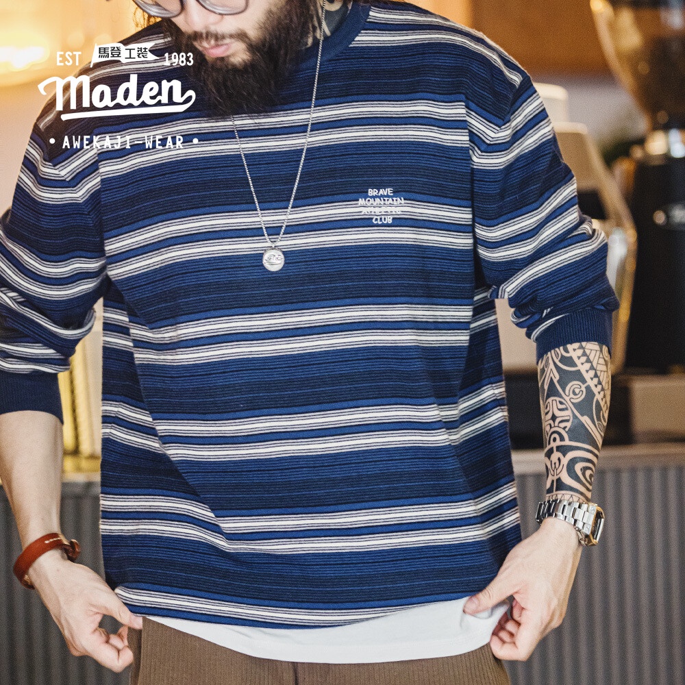 Maden เสื้อยืดลําลอง แขนยาว คอกลม เปิดไหล่ ลายทาง สีตัดกัน สไตล์อเมริกัน แฟชั่นฤดูใบไม้ร่วง สําหรับผู้ชาย 2023