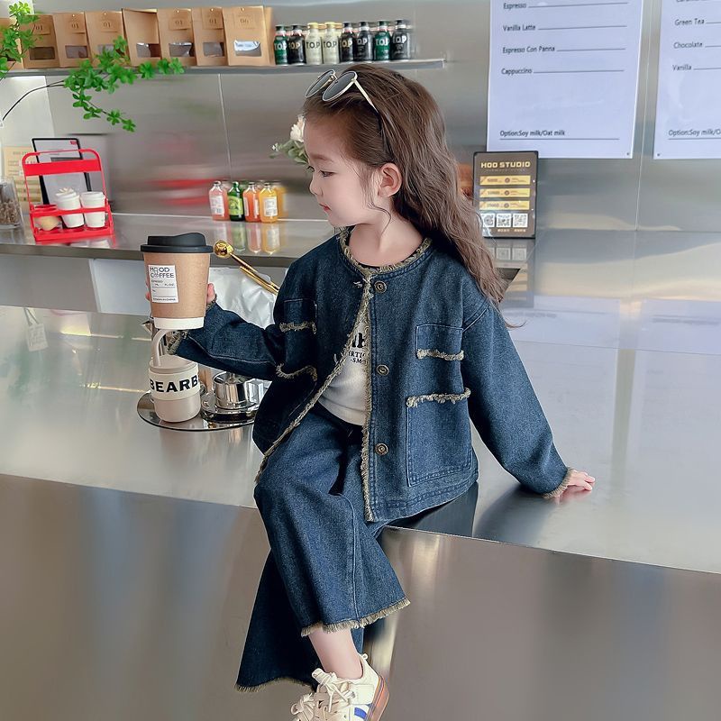 เสื้อแจ็กเก็ตยีน ขากว้าง สองส่วน แฟชั่นฤดูใบไม้ผลิ และฤดูใบไม้ร่วง สไตล์เกาหลีเรโทร สําหรับเด็กผู้หญิง 2023