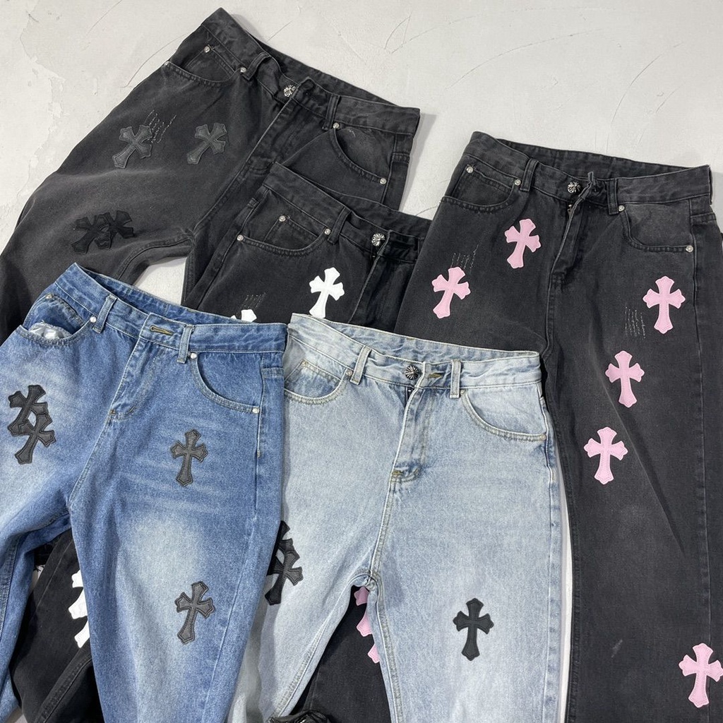 EMH Chrome Hearts Chrome Hearts Chrome Hearts กางเกงยีนส์ขาตรง High Street ผู้ชายผู้หญิง Casual ป้าย