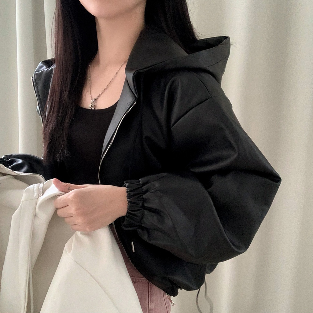 เสื้อแจ็กเก็ตหนัง มีฮู้ด แต่งซิป ขนาดเล็ก สไตล์เกาหลี สําหรับเด็กผู้หญิง