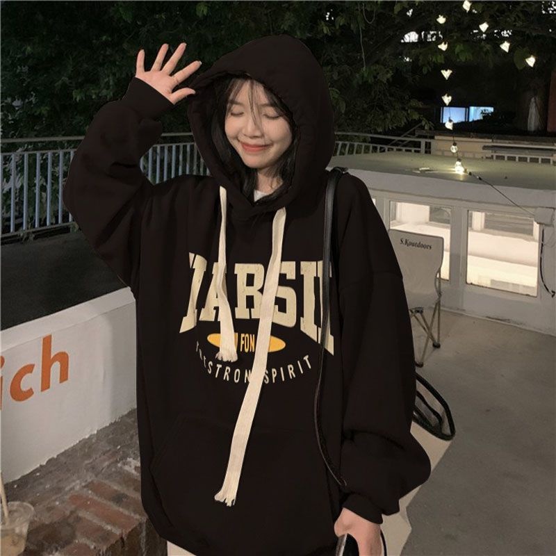 ฤดูใบไม้ร่วงและฤดูหนาวสไตล์เกาหลีแฟชั่นจดหมายขนาดใหญ่เสื้อกันหนาวหมวกผู้หญิงย้อนยุคแขนยาวเสื้อกันหนาวเสื้อสเวต