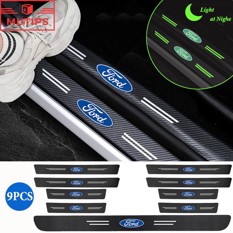 Ford 9 ชิ้น/ชุด รถยนต์ ไฟเบอร์เรืองแสง สติกเกอร์คาร์บอน สติกเกอร์​ กันรอยชายบันได ธรณีประตู แถบ ป้องกัน Ranger Raptor Everest Fiesta Focus Mustang Escape Ecosport STI