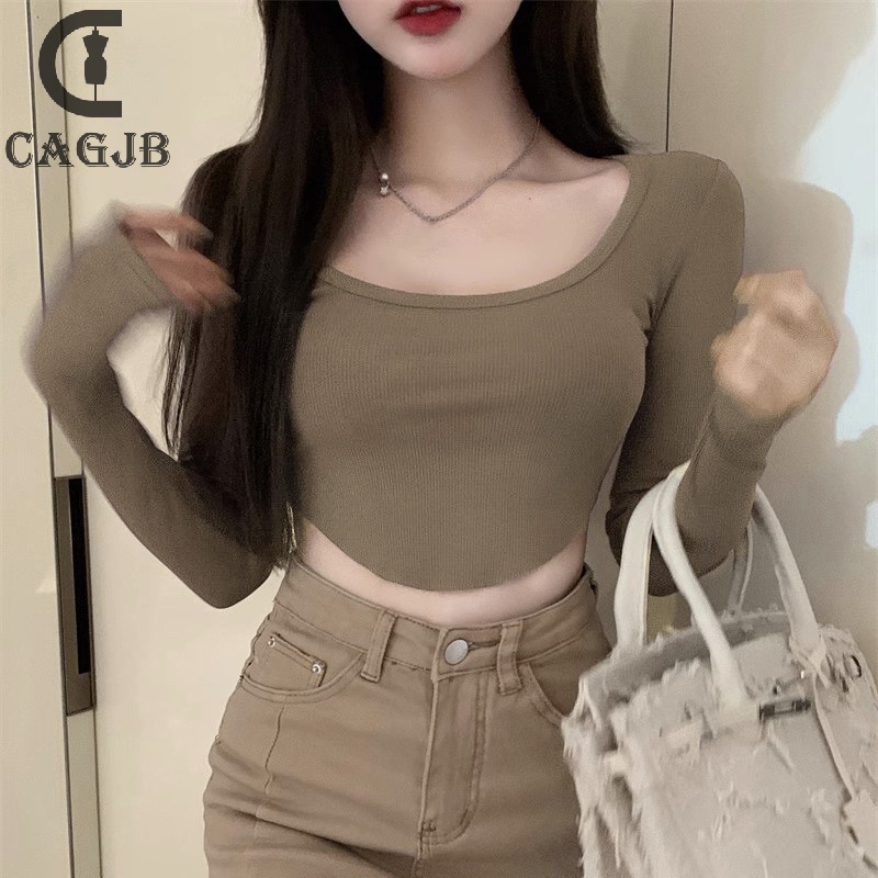 [SSNE] เสื้อครอปท็อปแขนยาว คอสี่เหลี่ยม สีพื้น ทรงไม่สมมาตร แฟชั่นฤดูใบไม้ร่วง สําหรับผู้หญิง