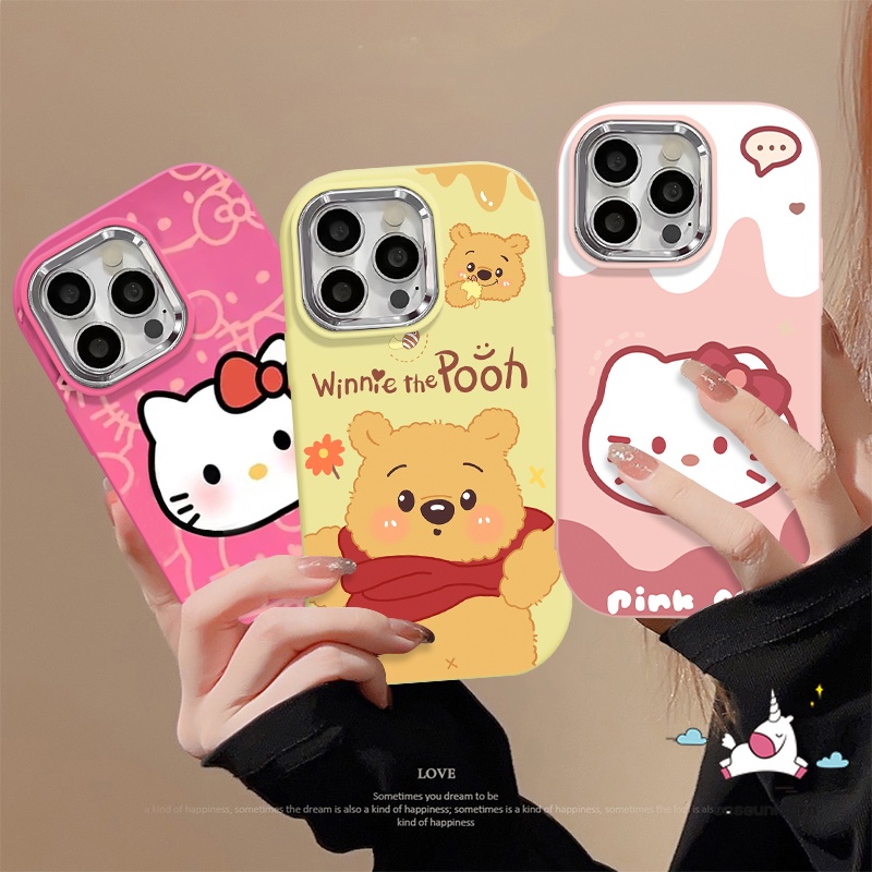 เคสโทรศัพท์มือถือชุบไฟฟ้า ลายการ์ตูนดิสนีย์ หมีพูห์ ไอศกรีม เฮลโลคิตตี้น่ารัก หรูหรา สําหรับ IPhone 7Plus 12 15 11 14 13 Pro Max XR 7 8 Plus XS Max X