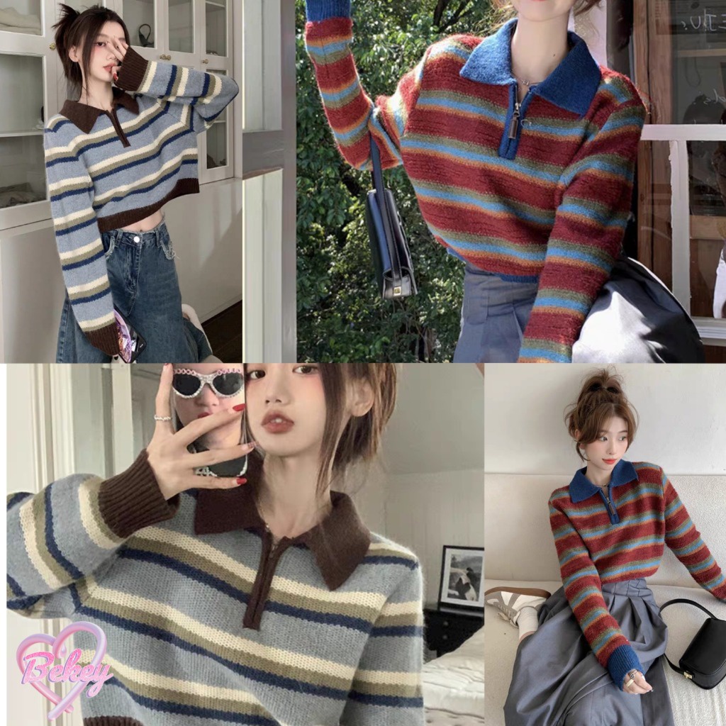 (จัดส่งจากกรุงเทพฯ) ฤดูใบไม้ร่วงรูปแบบใหม่ ลายทาง Polo ปกเสื้อ แขนยาวของผู้หญิง เสื้อถัก