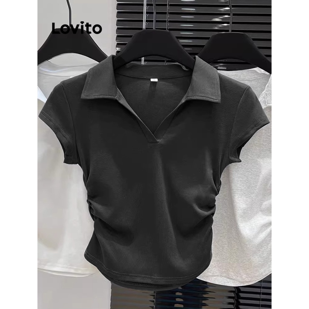 Lovito เสื้อยืดผู้หญิง ลำลอง สีพื้น หูรูด สำหรับสตรี L65ED035 (สีเทาเข้ม)