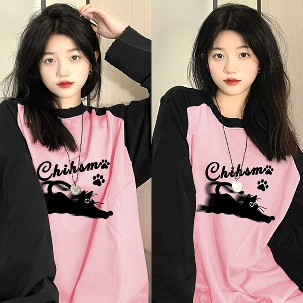 ราคาถูกที่สุด เสื้อยืดแฟชั่นแขนยาว ทูโทนสีชมพูแขนดำ คอกลม สกรีนลายแมวดำ
