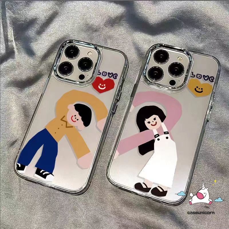 เคสโทรศัพท์มือถือคู่รัก แบบชุบโลหะ ลายการ์ตูนเด็กผู้หญิง ผู้ชาย หัวใจน่ารัก สําหรับ IPhone 15 14 12 11 13 Pro Max 7Plus XS Max X XR 8Plus 6 8 7 15 6S Plus SE 2020
