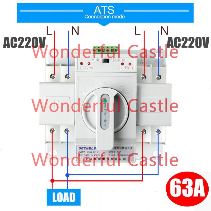 ATS สวิตช์โอนอัตโนมัติ, สวิตช์ไฟ, แหล่งจ่ายไฟ, อัตโนมัติ 2P 63A 230V MCB Type Dual Power GCDQCN GCQ4