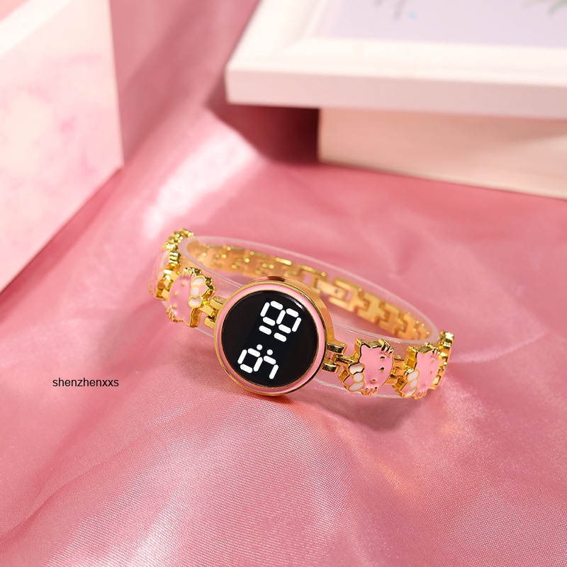 นาฬิกาข้อมือดิจิทัล LED สายสแตนเลส สามารถปรับได้ ลายการ์ตูนแมวน่ารัก แฟชั่นสําหรับผู้ชาย และผู้หญิง