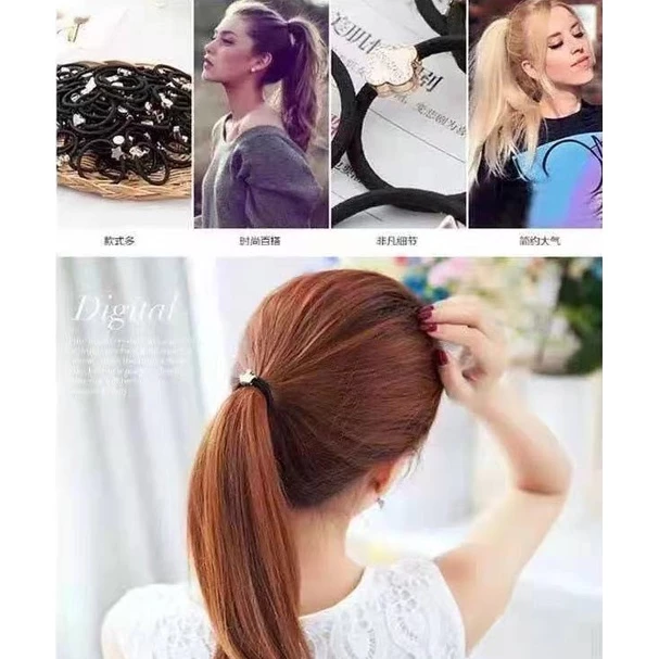 S0045 ยางรัดผม ลูกปัดทอง มาตรฐาน สีดำ ความยืดหยุ่นสูง ยางมัดผม เกาหลี ญี่ปุ่น thumbnail 5