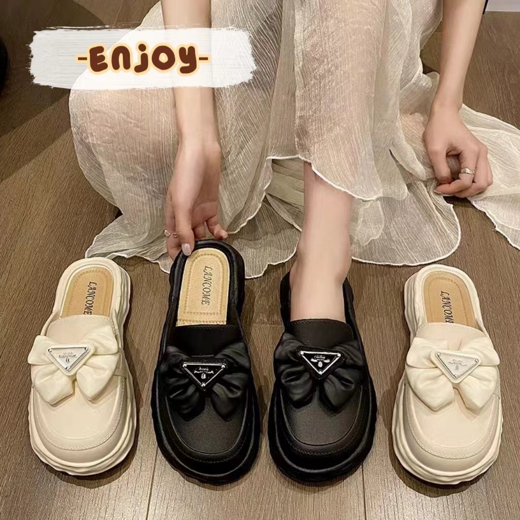 EnJoy พร้อมส่ง (TO-GX) มาใหม่ รองเท้าวินเทจ แต่โบว์น่ารัก รองเท้าสวม แฟชั่นผู้หญิง เรียบหรู สไตล์เกาลี