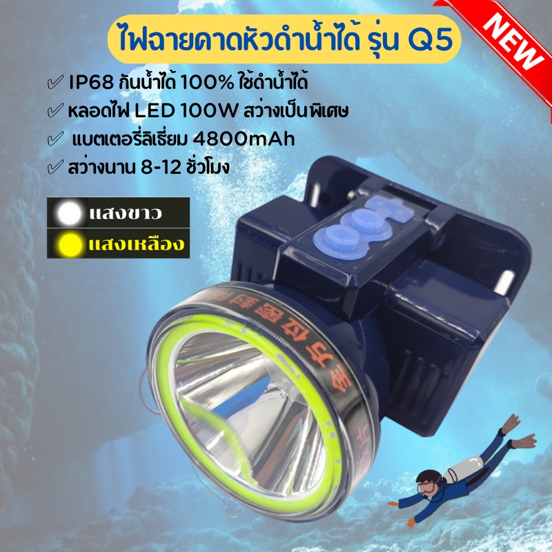 ไฟฉายคาดหัว รุ่น Q5 กันน้ำ 100% ใช้ดำน้ำได้ หลอดไฟ LED 100W สว่างเป็นพิเศษ  แบตเตอร์รี่ลิเธียม 4800 
