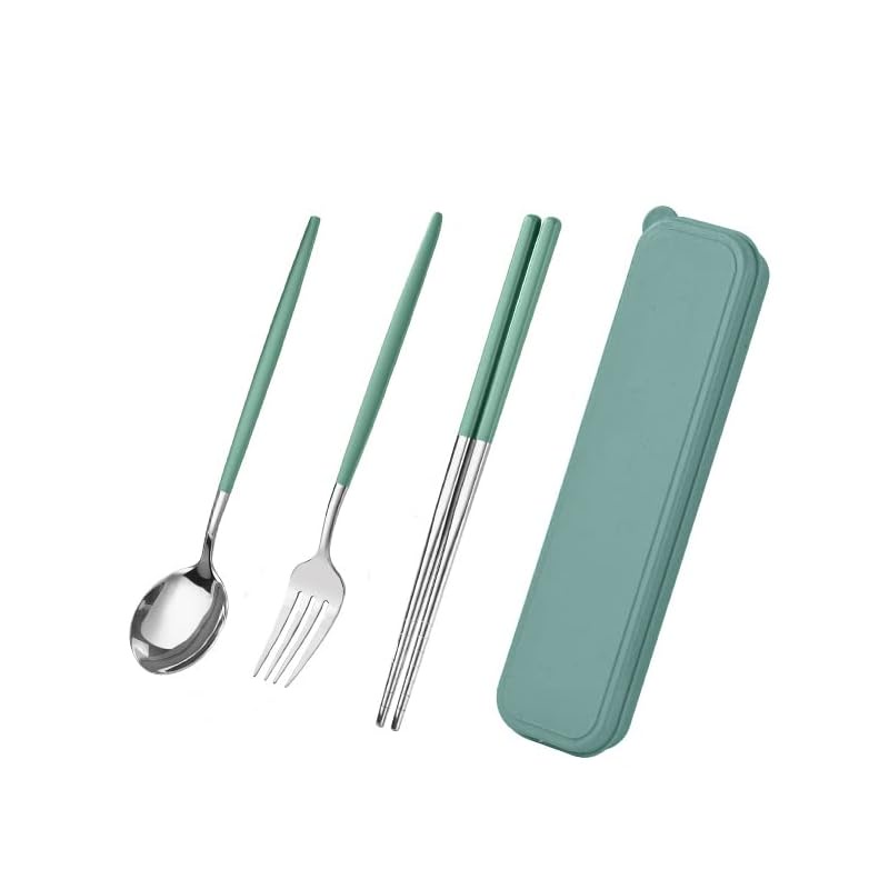 Cutlery Set Stainless Steel Chopsticks Fork Spoon 3-Piece Set with Case Combi Set Outdoor Portable Tableware Set Hygiene Student Adult Tableware Set for Lunch Commute School Lunch Box Camping Portable Convenient Gift (Green)
