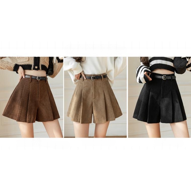 กางเกงขากว้างผู้หญิงขนาดใหญ่สีดำ เอวสูงสวมสาวอวบใส่ได้ กางเกงขาสั้นทรงเอลำลองผ้าลูกฟูก - รูปที่ 5