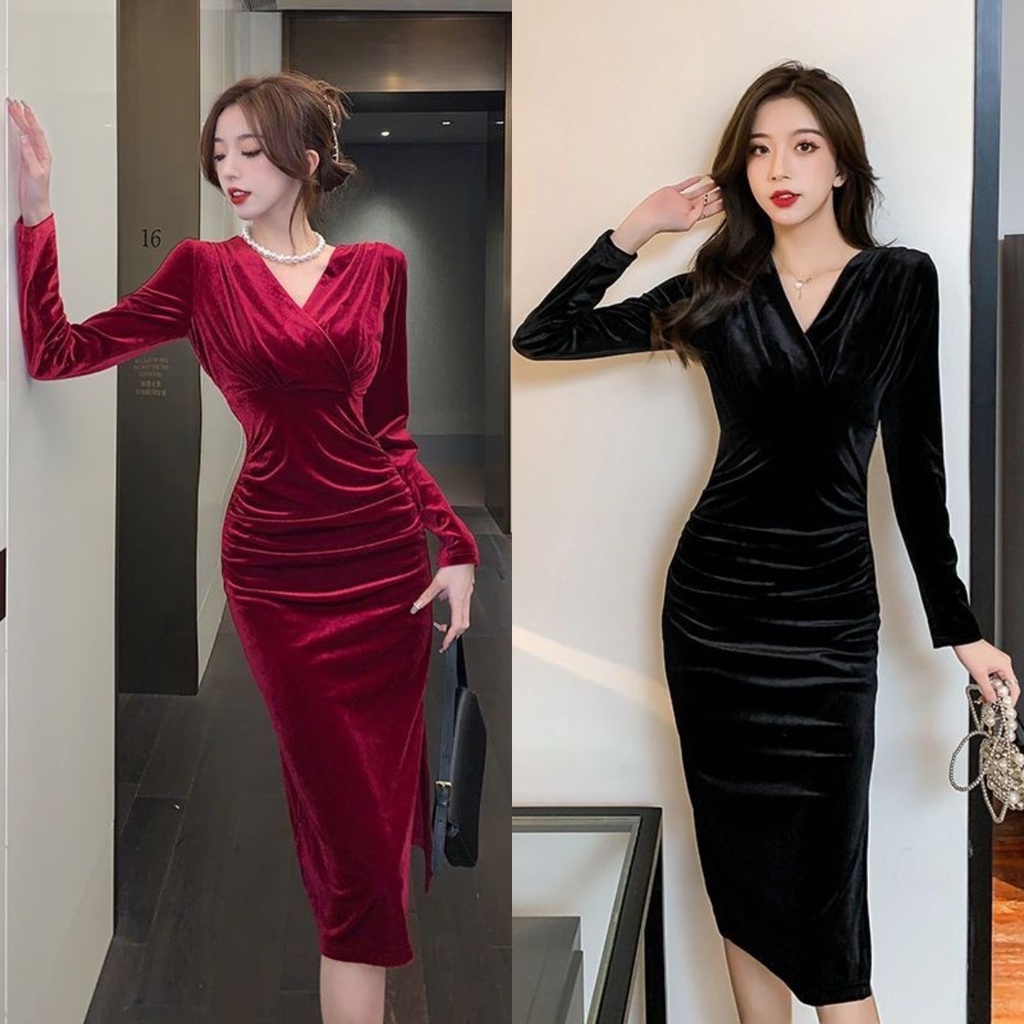 ชุดเดรสยาว คอวี ผ้ากํามะหยี่ แต่งซิป สีพื้น สีแดง สีทอง สไตล์ใหม่