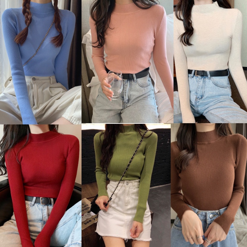 จัดส่งทันที เสื้อคอเต่า sweater oversize เสื้อผ้าแฟชั่นผู้หญิง เสื้อคอเต่าสีพื้น แขนยาวผ้า บาง