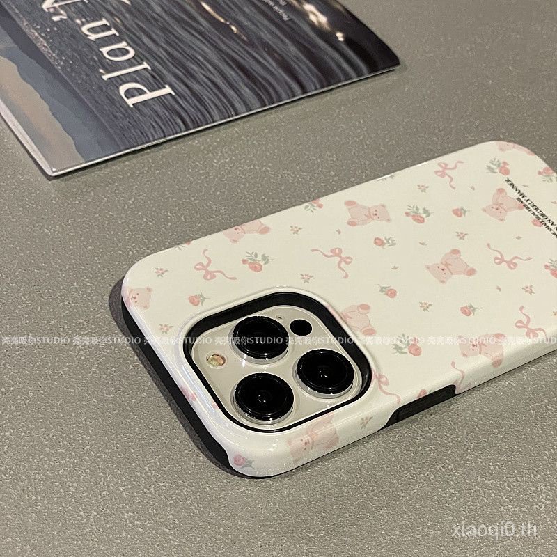 เคสโทรศัพท์มือถือ สองชั้น กันกระแทก ลายดอกไม้ โบว์ หมี สองชั้น สีชมพู สําหรับ iPhone 7 8 Plus x xs x