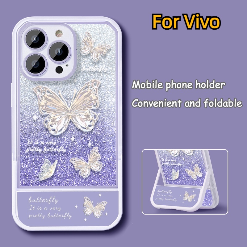 เคสโทรศัพท์มือถือ กันกระแทก ลายผีเสื้อ แต่งกลิตเตอร์ พร้อมขาตั้ง อเนกประสงค์ สําหรับ Vivo Y19 Y02 Y1