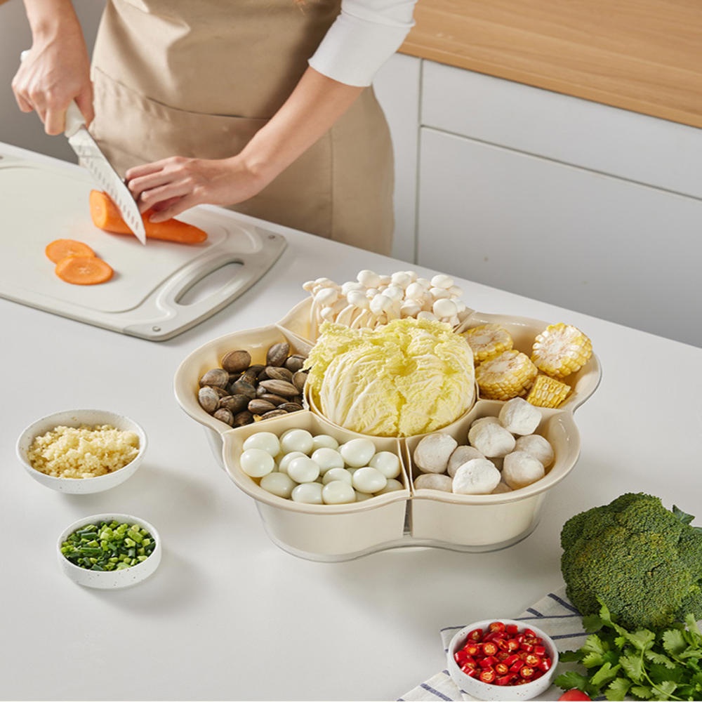 ตะกร้าผัก ทรงกลม ขนาดใหญ่พิเศษ แยกช่องได้ 6 ช่อง หมุนได้ ระบายน้ําได้ สําหรับห้องครัว