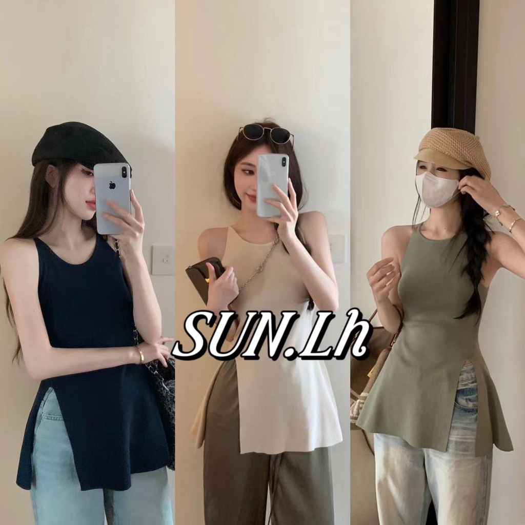 SUN   ผ้าไหมพรมสีพื้น ดีเทลแหวกข้าง เสื้อสายเดี่ยวไหมพรม เกาหลีมาก