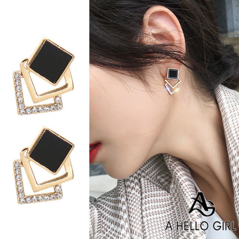 A HELLO GIRL เครื่องประดับ ต่างหูระย้า ทรงเรขาคณิต ประดับพลอยเทียม สีดํา แบบเรียบง่าย สําหรับผู้หญิง