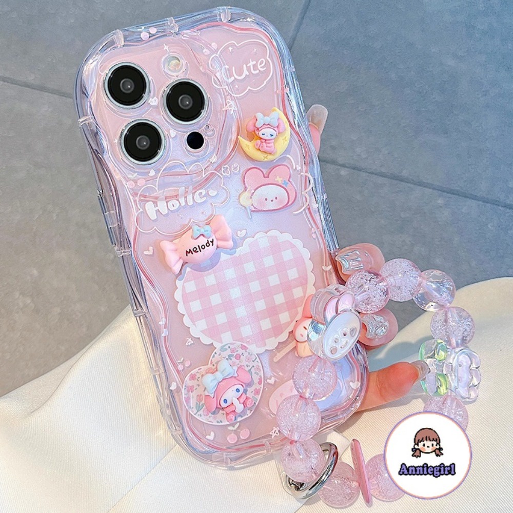น่ารัก 3D Sanrio Melody สร้อยข้อมือลูกปัดเคสโทรศัพท์สําหรับ Iphone 11 15 16 Pro Max 16plus 12 13 14 Promax XS XR 7 8 Plus สีชมพูป้องกันสิ่งสกปรกนุ่มโทรศัพท์ปกหลัง
