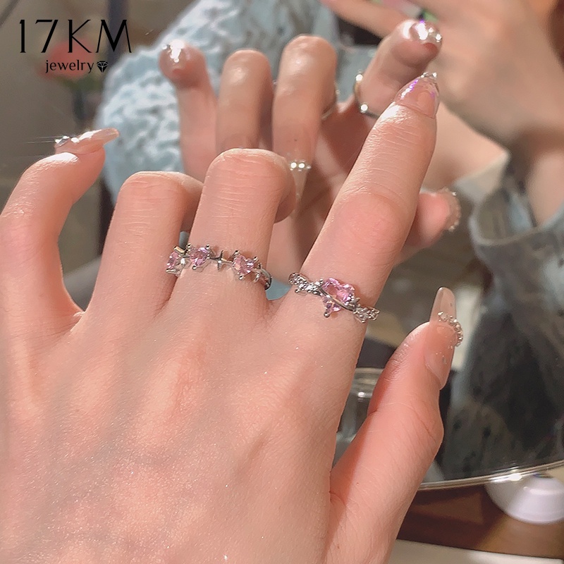 17 กม. 2 ชิ้น / เซต หัวใจ เพทาย ชุดแหวน สําหรับผู้หญิง หวาน สีชมพู คริสตัล สีเงิน แหวนเครื่องประดับ