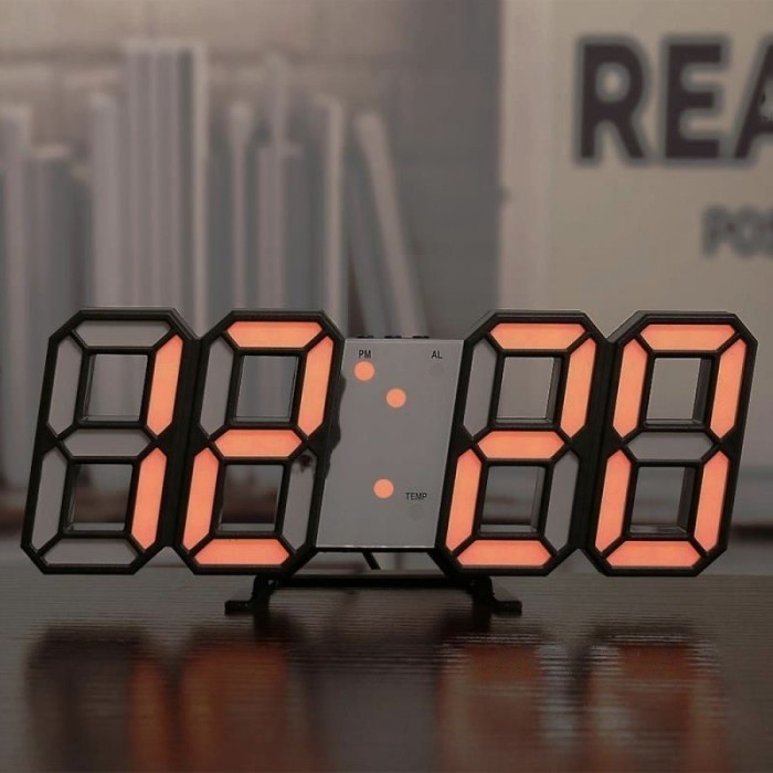 Hitam Led DIGITAL WALL CLOCK/TABLE-ALARM-TEMPERATURE CLOCK/MODERN LARGE 3D CLOCK - BLACK-ORANGE