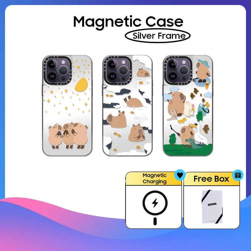 Casetify Silver Frame Floating Capybara Mirror Hard Plastics Pc impact Case Cover สําหรับ iPhone 11 12 13 14 15 Pro Max