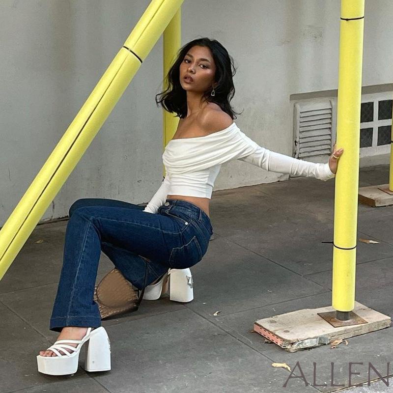 Allen-ผู้หญิง tidding Crop Tops แฟชั่นปิดไหล่แขนยาวสีทึบแน่นเสื้อยืด ราคา ถูกที่สุด ดีลบีเคเค แกลเลอรีภาพที่ 6